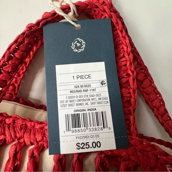 New Universal Thread Spritz Tote Bag Red Woven Paper Straw Crochet Purse Raffia - Picture 6 of 11